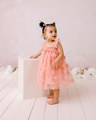Floral Tulle Party Dress - Peach