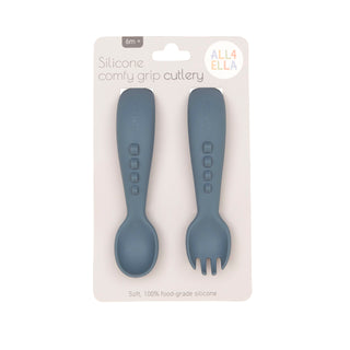 Silicone comfy grip cutlery – Spoon + Fork Set - Slate Blue