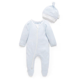Zip Growsuit & Hat Set - Pale Blue Melange Stripe