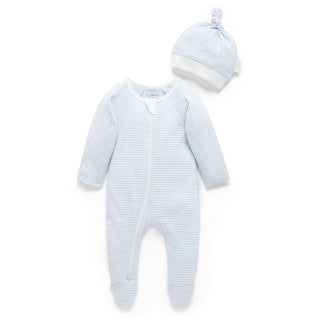 Zip Growsuit & Hat Set - Pale Blue Melange Stripe