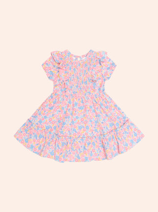 VINTAGE FLORAL SHIRRED S/SLV DRESS