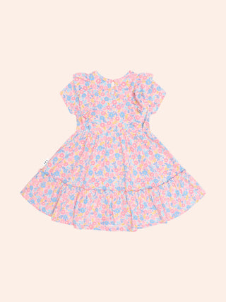 VINTAGE FLORAL SHIRRED S/SLV DRESS