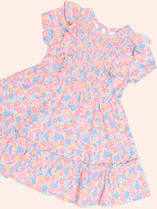 VINTAGE FLORAL SHIRRED S/SLV DRESS