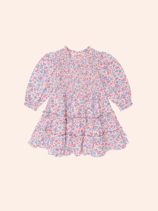VINTAGE FLORAL PUFF LONG SLEEVE SHIRRED DRESS