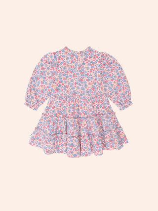 VINTAGE FLORAL PUFF LONG SLEEVE SHIRRED DRESS