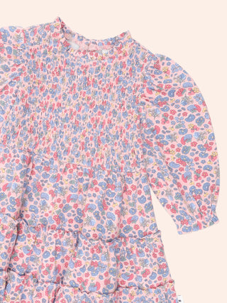 VINTAGE FLORAL PUFF LONG SLEEVE SHIRRED DRESS