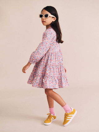 VINTAGE FLORAL PUFF LONG SLEEVE SHIRRED DRESS
