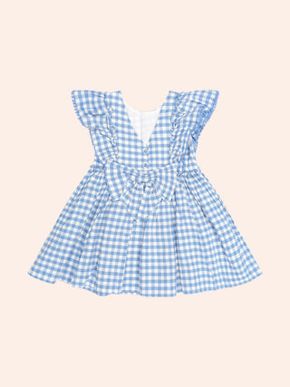 DUSTY BLUE GINGHAM BOW DRESS
