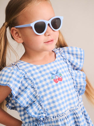 DUSTY BLUE GINGHAM BOW DRESS