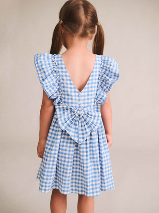 DUSTY BLUE GINGHAM BOW DRESS