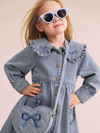 STRIPE DENIM BOW HEART HANDBAG
