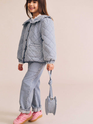STRIPE DENIM BOW HEART HANDBAG