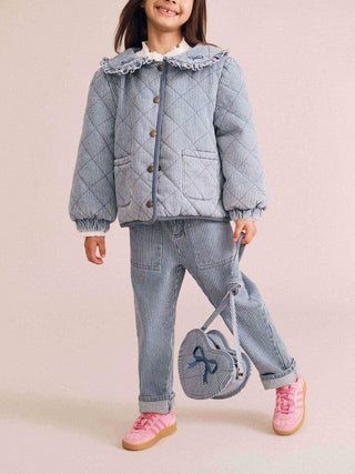 STRIPE DENIM BOW HEART HANDBAG
