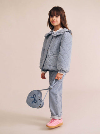 STRIPE DENIM BOW HEART HANDBAG