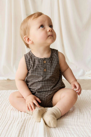 Organic Cotton Archie Playsuit - Coffee Grid