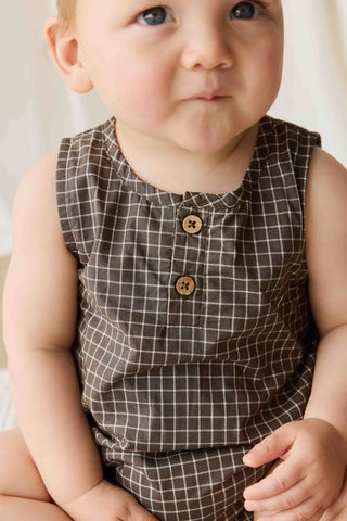 Organic Cotton Archie Playsuit - Coffee Grid