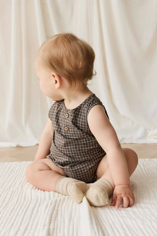 Organic Cotton Archie Playsuit - Coffee Grid