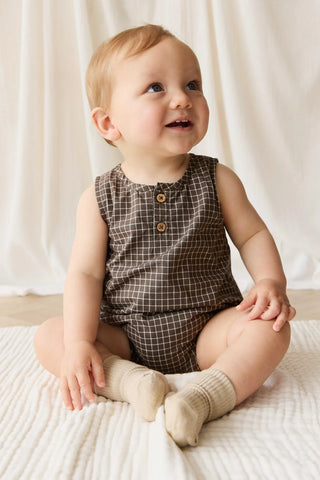 Organic Cotton Archie Playsuit - Coffee Grid