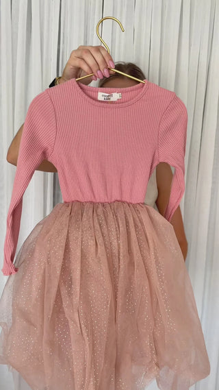 Dusty Pink Sparkles - Long Sleeve Tulle Dress